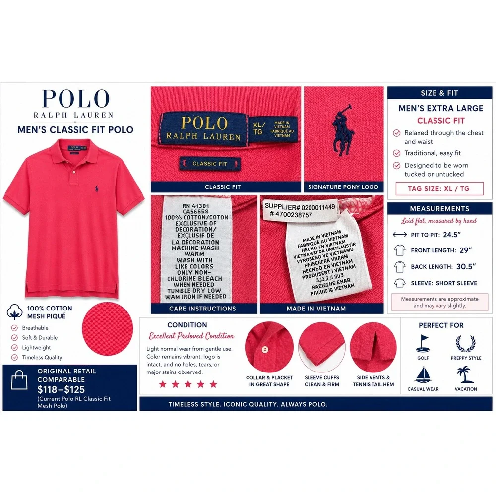 Polo Ralph Lauren Men's Extra Large Pink Classic Fit Polo Golfcore Preppy